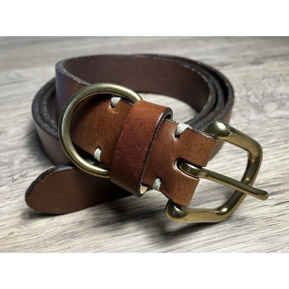 Lands End Genuine Leather Brown Mens Belt Made in England - Solid Brass Buckle